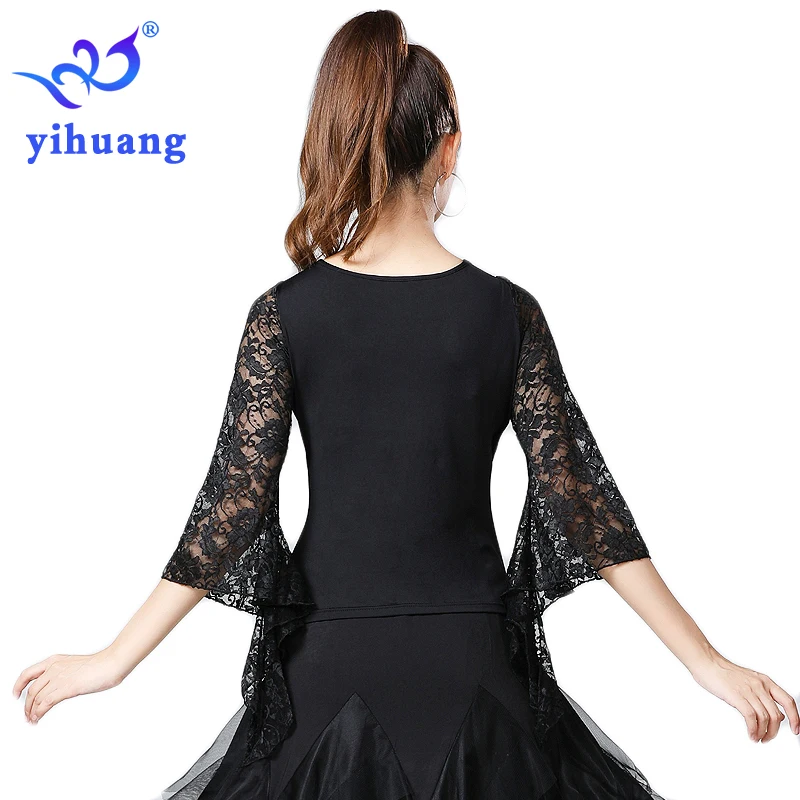 Summer New Women Waltz Ballroom Dance Tops Modern Standard Tango Latin Dancewear Party Performance Blouses Lace Bell Sleeve