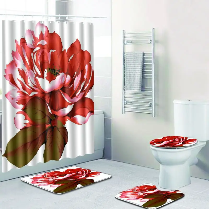 

S 3D Print Peony Bath Mat Sets Bathroom Shower Curtain Anti Slip Rug Set Lotus Flannel Blanket White Carpet for Chrismas Gifts