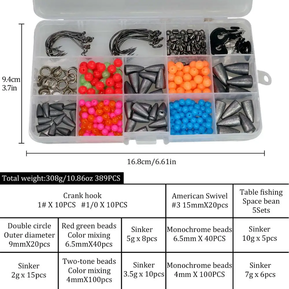 339 шт. 389 шт. коробка для рыболовных снастей Техасская Каролина рыболовные снасти рыболовные аксессуары крючки Вертлюги свинцовые грузила бусины DIY комплект - Цвет: 389pcs