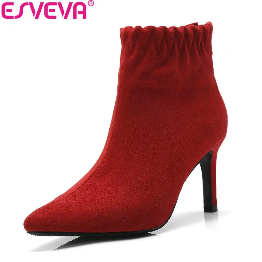 

ESVEVA 2019 Women Boots High Heels Fashion Autumn Shoes Pointed Toe Ankle Boots Woman Shoes Thin Heels All Match Size 34-43
