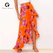 Летняя длинная юбка в стиле бохо с цветочным принтом и высокой талией, асимметричная пляжная юбка макси с оборками, летняя сексуальная шикарная Женская юбка