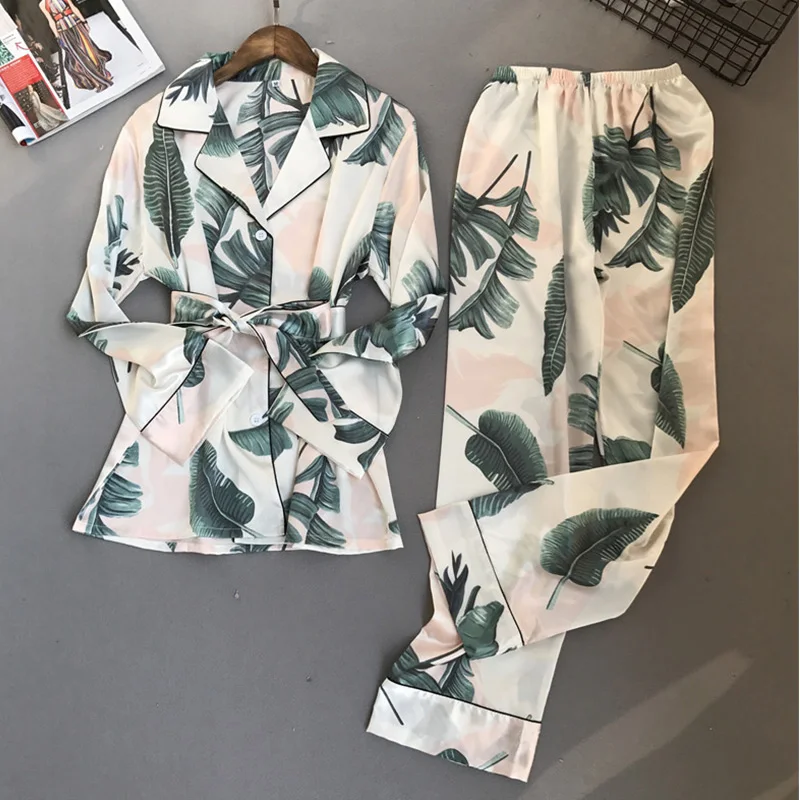 Цветочный принт сатин из искусственного шелка женские пижамы кимоно полная длина женский пижамный комплект весна осень модная Высококачественная женская пижама