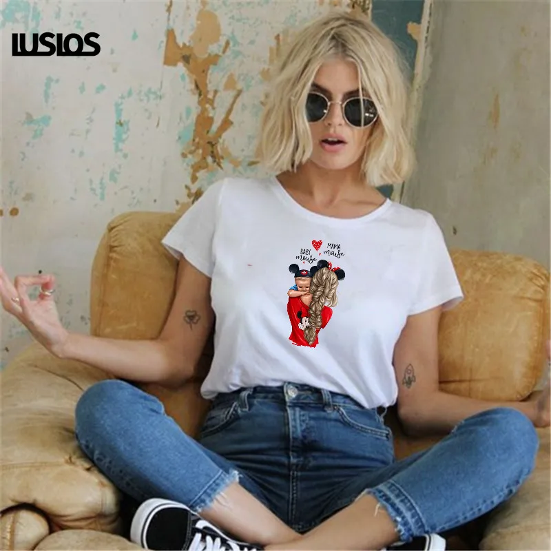 

2019 Mother's Love Female T-shirt Super Mama Summer Women Cute Mouse T Shirt White Casual Sweat Mama Short Sleeve Streetwear Tee