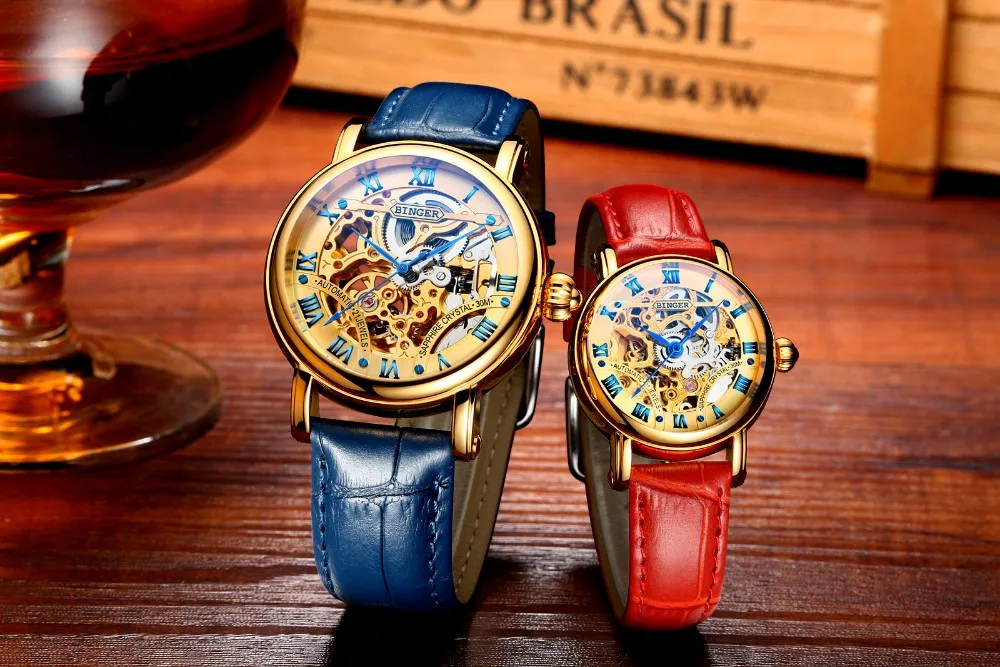 BINGER Luxury Gold Automatic Watches Skeleton Fashion Business Watch Men Mechanical Wristwatch Full Steel relogio masculino