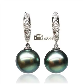 

Free Shipping 10-11mm AAA Real Tahitian Black Green Pearl Diamond Drop Earrings 18K White Gold #0207