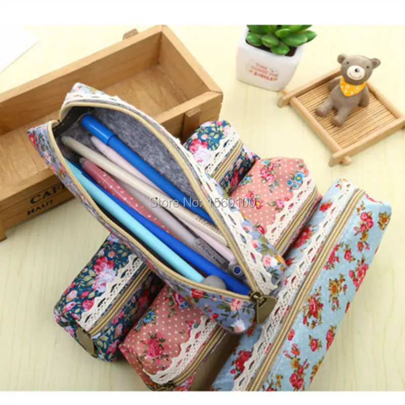 

3pcs/lot Fashion Mini Retro Flower Floral Lace Pencil case pen bag Multi-Function Zipper Pencil Holder Bag Gift Stationery