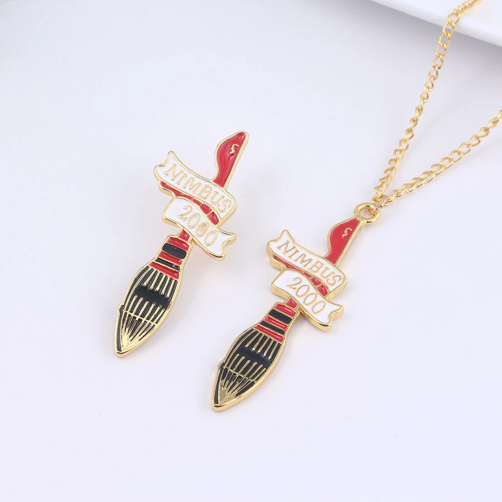 

Hot Movie HP Nimbus 2000 Broomstick Red Necklace Deathly Hallows Metal Enamel Badge Women And Men Party Jewelry Gifts