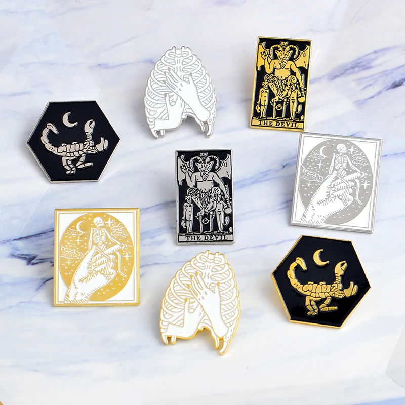 

2019 Rib cage Hug Scorpions Skeleton Devil goat Satan Pin Badge Gold silver Punk alloy enamel Brooch Shirt bag hat accessories