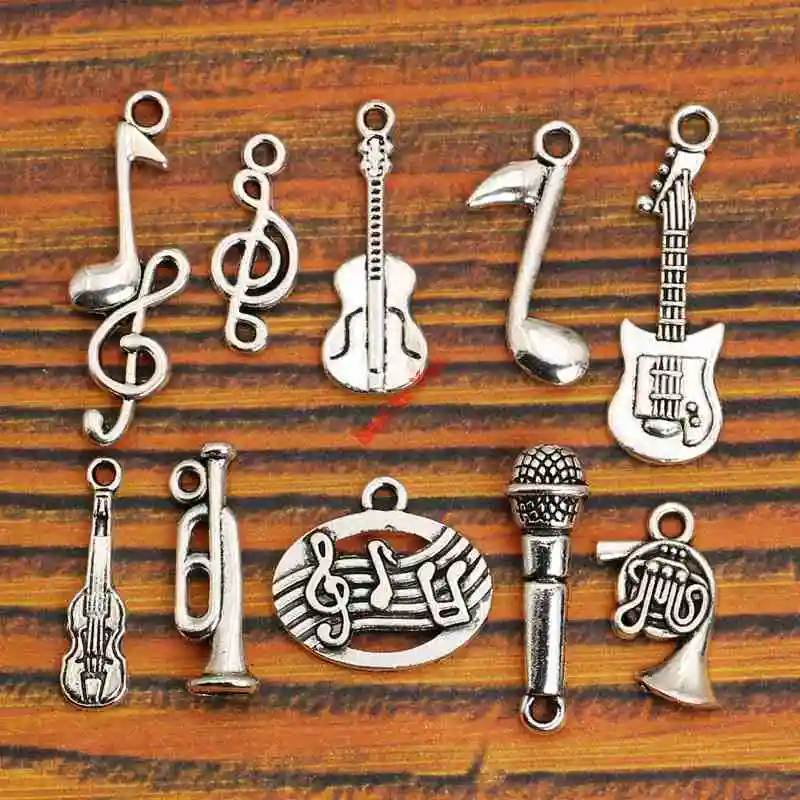 Микс античный посеребренный музыкальный нот гитара труба лента амулеты подвески для браслета ожерелье аксессуары для изготовления ювелирных изделий DIY