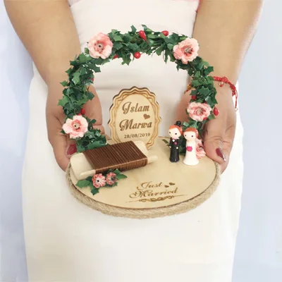 On sale custom name Anniversary Engagement rings bearer pillow wood wedding flower rustic ring box - Цвет: ring pillow  B