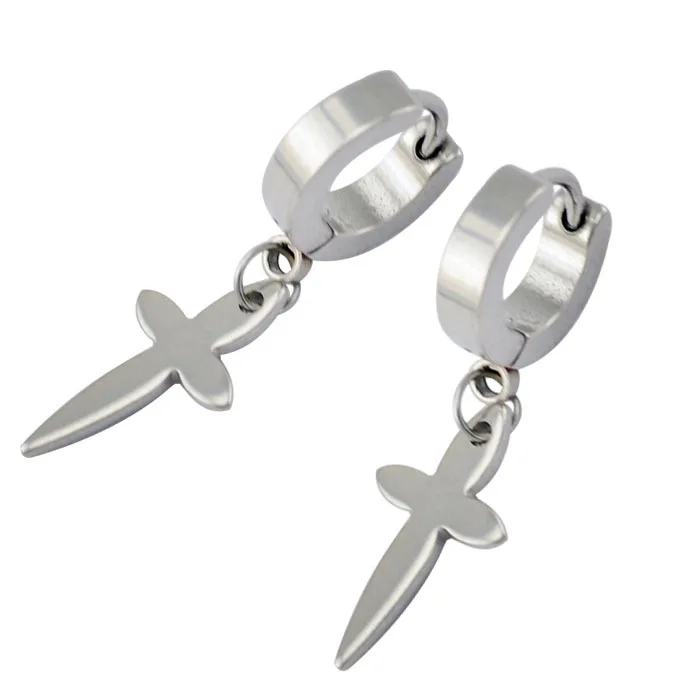 surgical grade stainless steel earrings dangle piercing earring with hanging cross 3mm*7mm