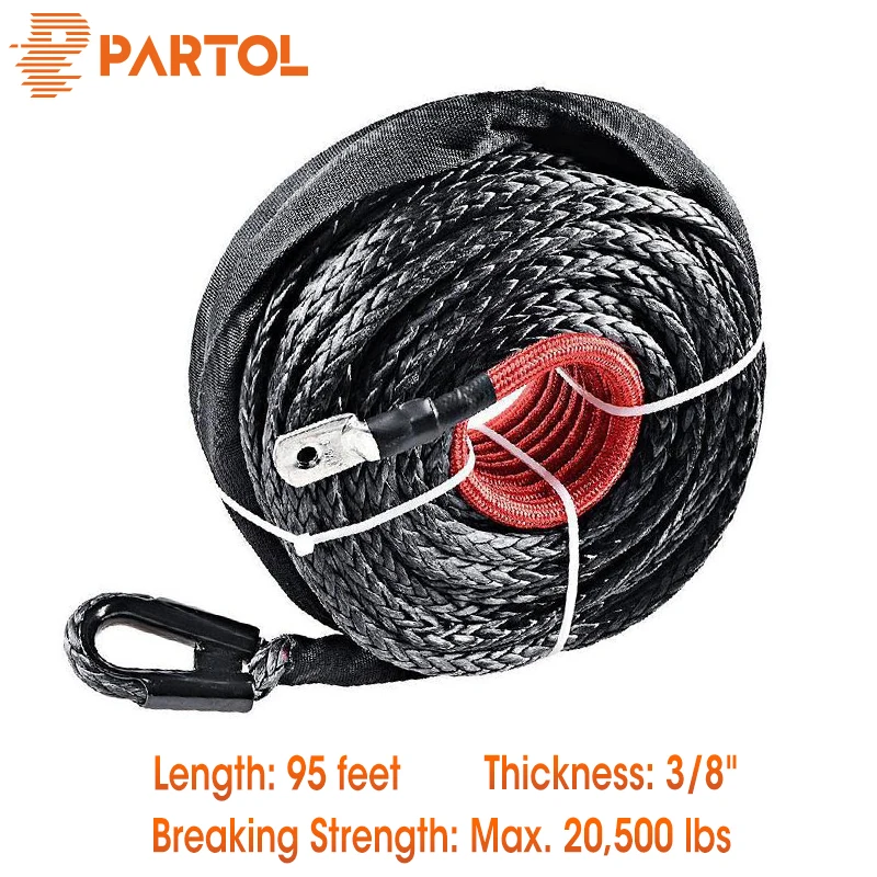 

Partol 95ft x 3/8" BLACK Synthetic Winch Rope Line Cable 20500LBS w/Protective Sleeve For ATV UTV Truck Boat Tow Rope Strap Belt