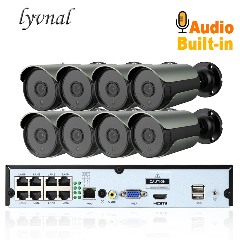 

LYVNAL 8ch 1080p CCTV IP Camera Audio POE H.265 CCTV Camera System 2mp Surveillance Kit PoE 48V Surveillance Kit Full HD VIDEO