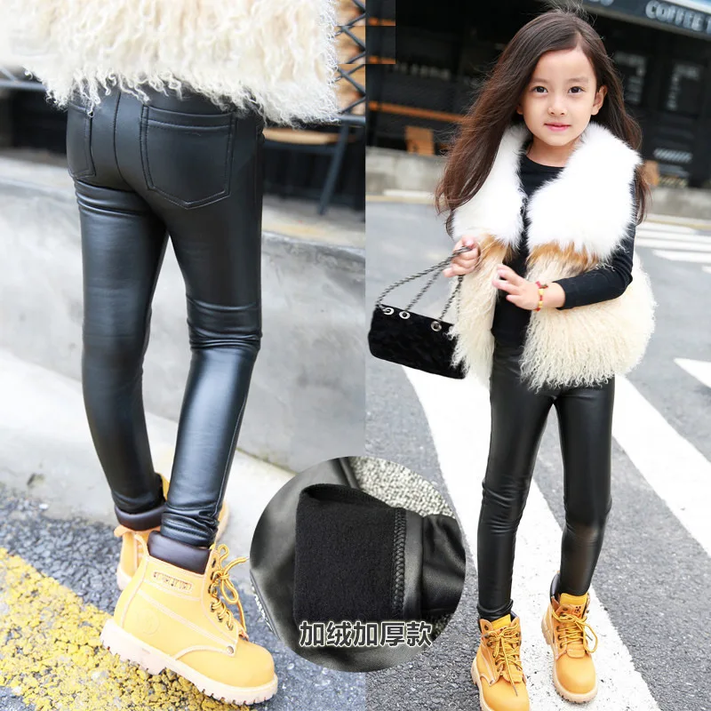 

Autumn Winter Girls Leggings Faux Leather Kids Pants Thick Plus Velvet Warm 2018 Fashion Children Pu Trousers 3 4 5 6 7 8 Years