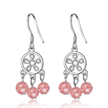 

XIYANIKE 2019 New 925 Sterling Sliver Hollow Dream Catcher Pink Strawberry Crystal Stone Pendant Earrings For Women Lady Gift