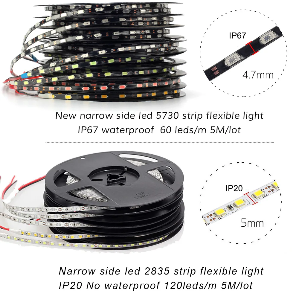 Узкий сбоку 4,7 мм Светодиодные ленты 5730 5 м/лот, Светодиодные ленты света 2835 SMD 5 мм Ширина гибкий свет DIY Знак Подсветка DC12V