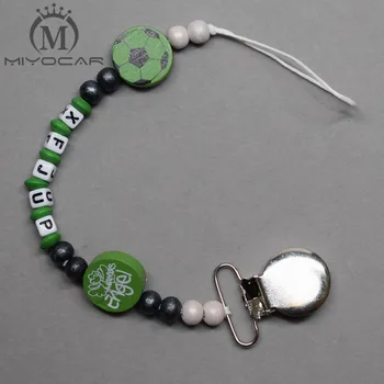 

MIYOCAR custom Any name green football black wooden beads iron dummy clip holder pacifier clip soother chain teether clip