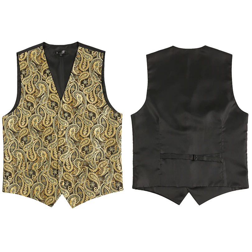 3pcs Gold Vest Mens Suit Vest Classic Paisley Jacquard Waistcoat Handkerchief Party Wedding Tie Ves