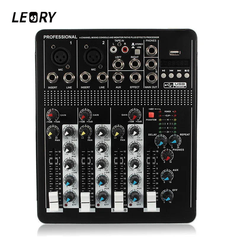 

LEORY bluetooth 4 Channel Audio Mixer 110V Karaoke Microphone Sound Mixing Amplifier Console With USB Built-in 48V Phantom Power