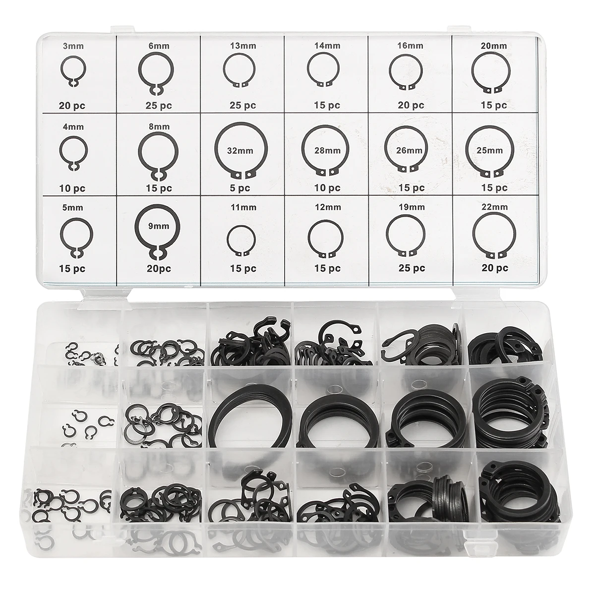 

300Pcs 3-32mm Internal & External Snap Retaining Ring Circlip Washers C-Clip Repairs Assortment Set 18 Sizes With Box