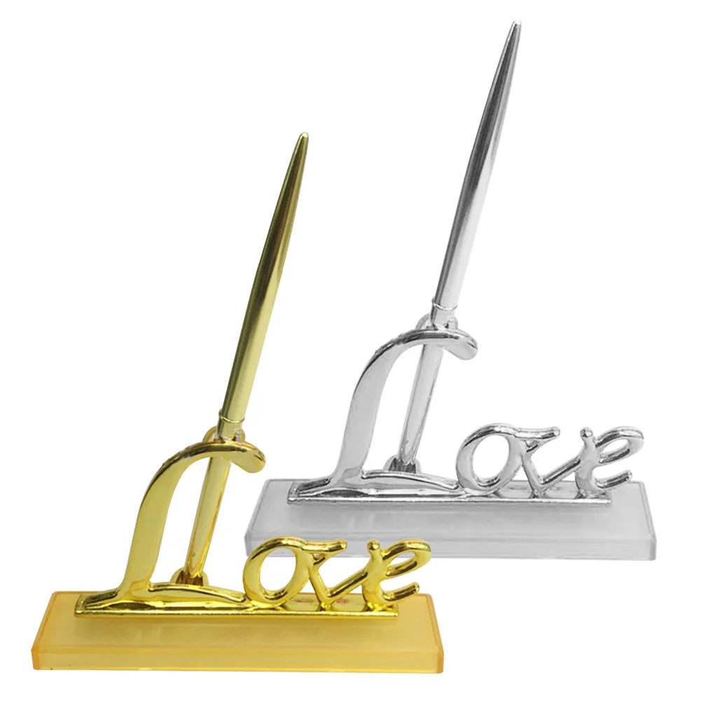 

Wedding Party Signing Pen with Gold Silver Plated Metal Love Holder Guest Book Signing Pen Set Wedding Supplies