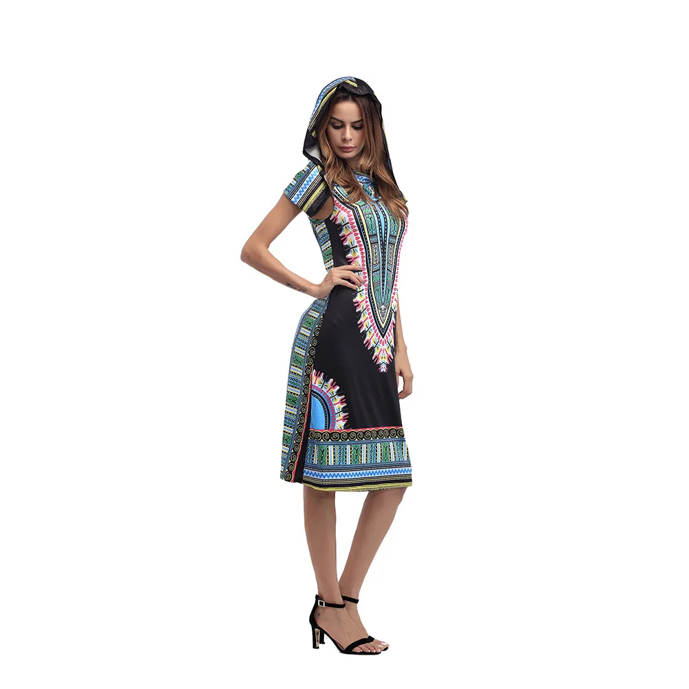 2018 Women Dress Suits Printed Geometric Hooded sleeveless summer printing hooded skirt female fashion national style Dress