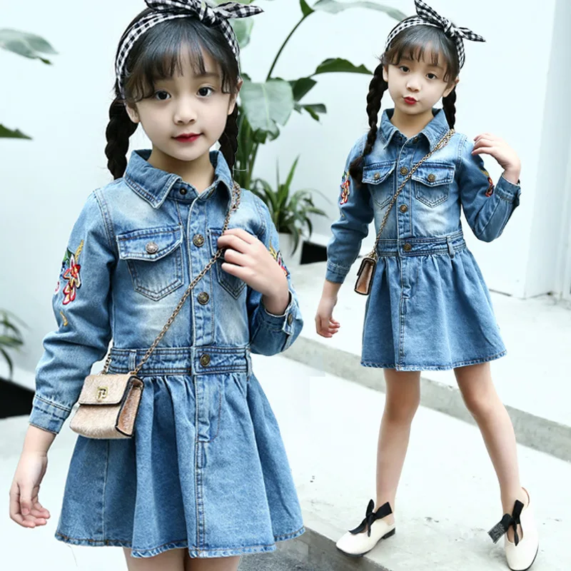 

Girls Dresses 2018 Autumn Long Sleeve Embroidery Denim Dress Fall Casual Kids Dress 3 4 5 6 7 8 9 10 11 Prinsessenjurken Meisjes