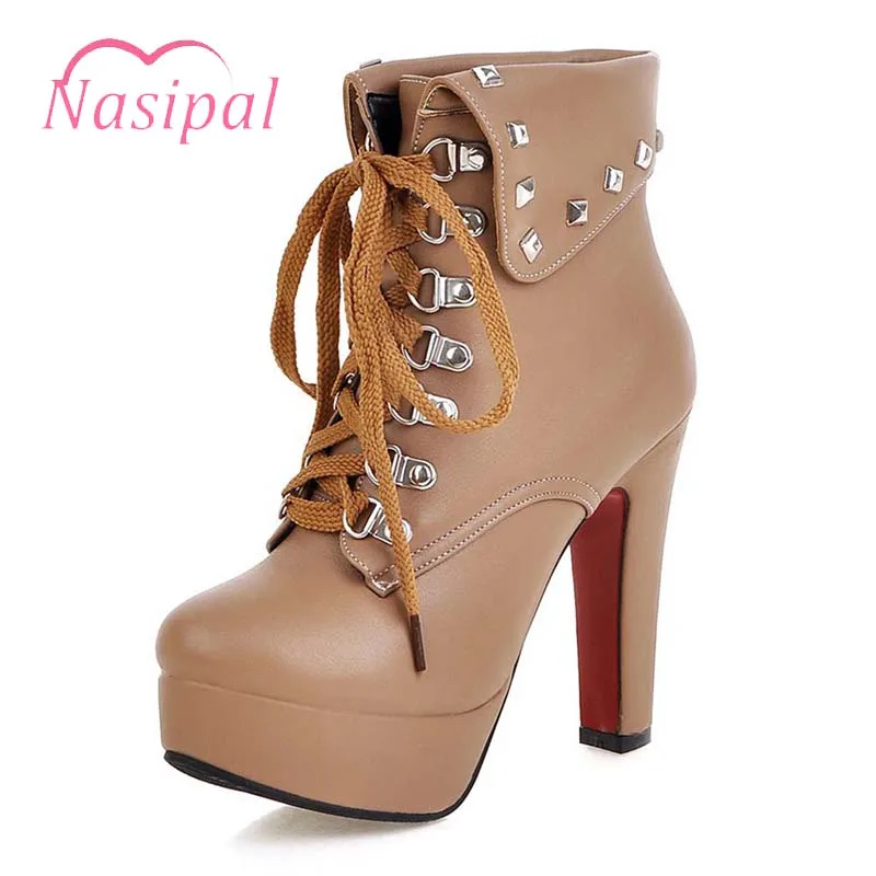 

Nasipal Big Size 32-48 2018 Autumn Style Thick High Heels Rivets Lace Up Ankle Boots Platform Women Boots Fall Winter Shoes M224