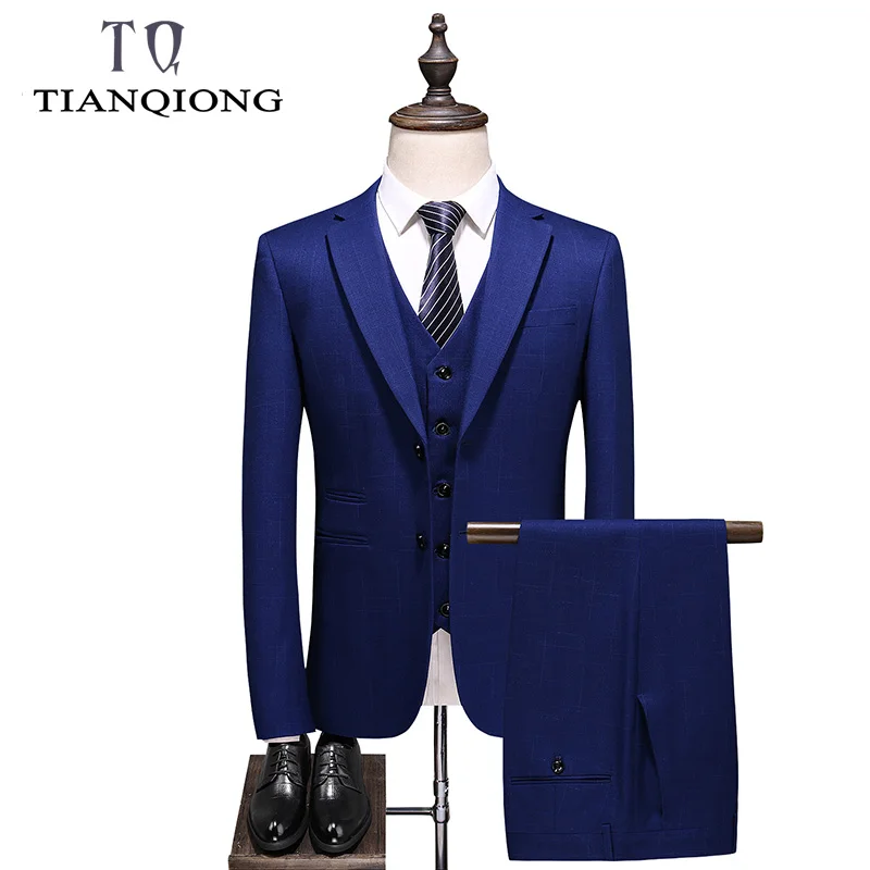 

Brand Men Suit 2019 Slim Fit Mens Plaid Suits 3 Pieces Groom Wedding Suit High Quality Men's Suits Formal Suits with Pants