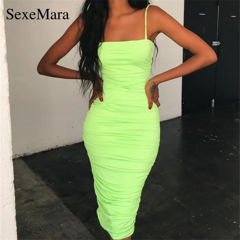 

ANJAMANOR Fashion Neon Sexy Bodycon Dress Green Pink Ruched Sleeveless Midi Bandage Dresses Woman Party Night Club Wear D83-AZ93