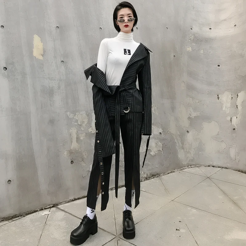 

[EWQ]2019 New Spring Autumn V-neck Long Sleeve Stripe Zipper Sashes Coat Irregular Split Pant Two Piece Set Women Suit AC353