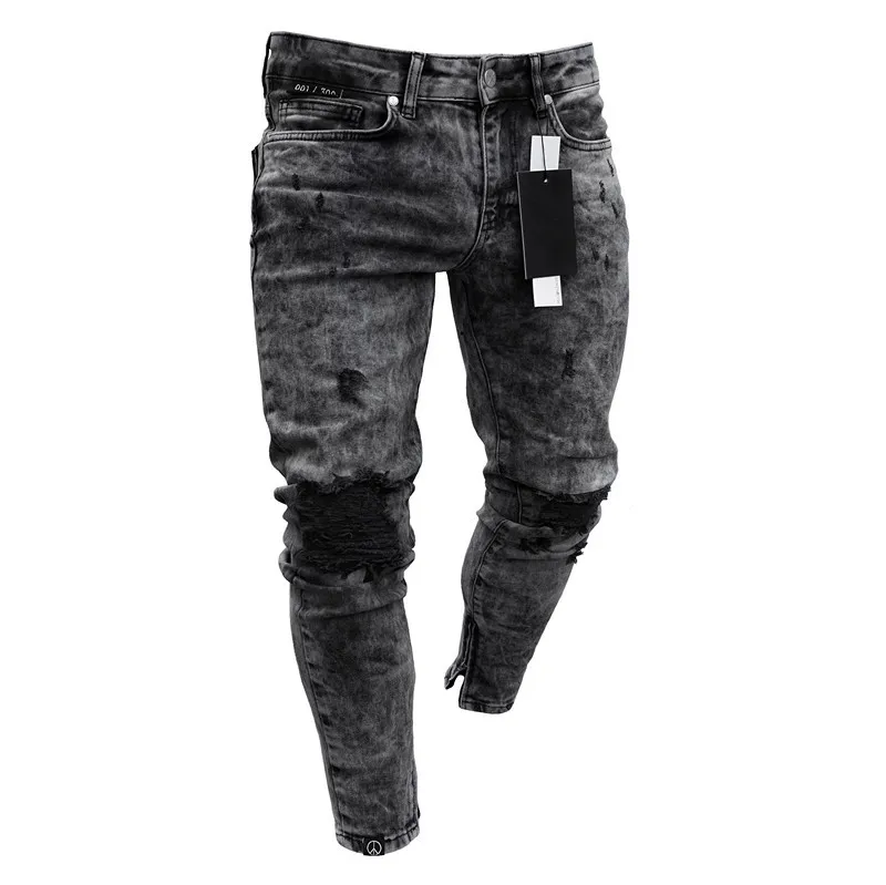 

Men's Ripped Biker Jeans Skinny Motorcycle Destroyed Distressed Pencil Jeans Runway Slim Racer Biker Jeans Fashion Hiphop jean