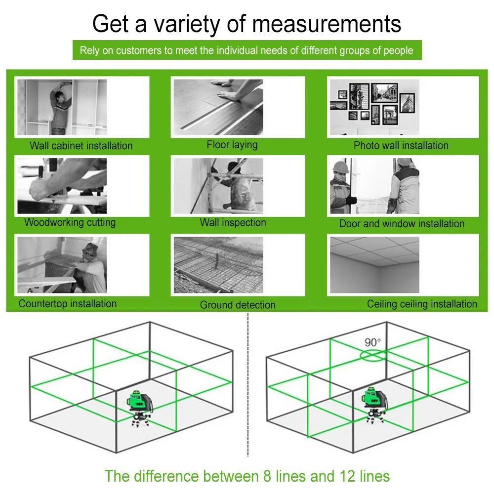 Зеленый лазерный уровень 3D 12 лазерной линии самонивелирующиеся линии зеленый луч мощный 360 4 Горизонтальный и 8 вертикальный крест