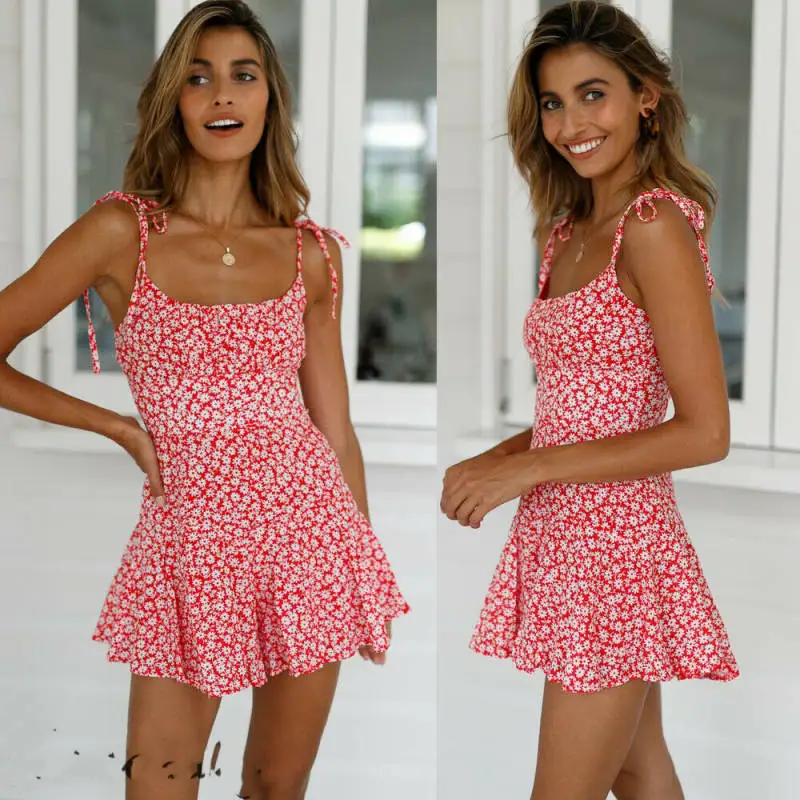 Women's Maxi Boho Dress Floral Summer Beach Flower Printed Sexy Female Cocktail Party Mini Sundress