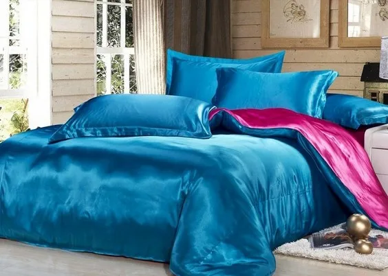 Серебряные наборы Постельных Принадлежностей California King size Королева полный серый пододеяльник установлены шелковый атлас лист кровать в мешок двойной покрывала 5 шт - Цвет: blue hot pink
