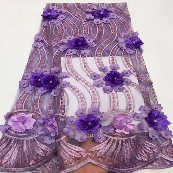 

2019 High Quality African Lace Fabric 3D Flowers With Beaded Tulle Lace Fabric New Design Nigerian Tulle Lace Fabric H1553
