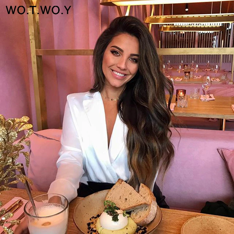 WOTWOY Spring Autumn Long Sleeve Bodysuit Women Casual Cotton White Bodysuits Women 2018 Deep V Neck Chic Tops Female New 