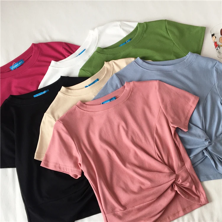 

Irregular Cotton Cropped T-shirt Girls O-neck Solid Basic Crossed Crop Tops For Female Summer 2019
