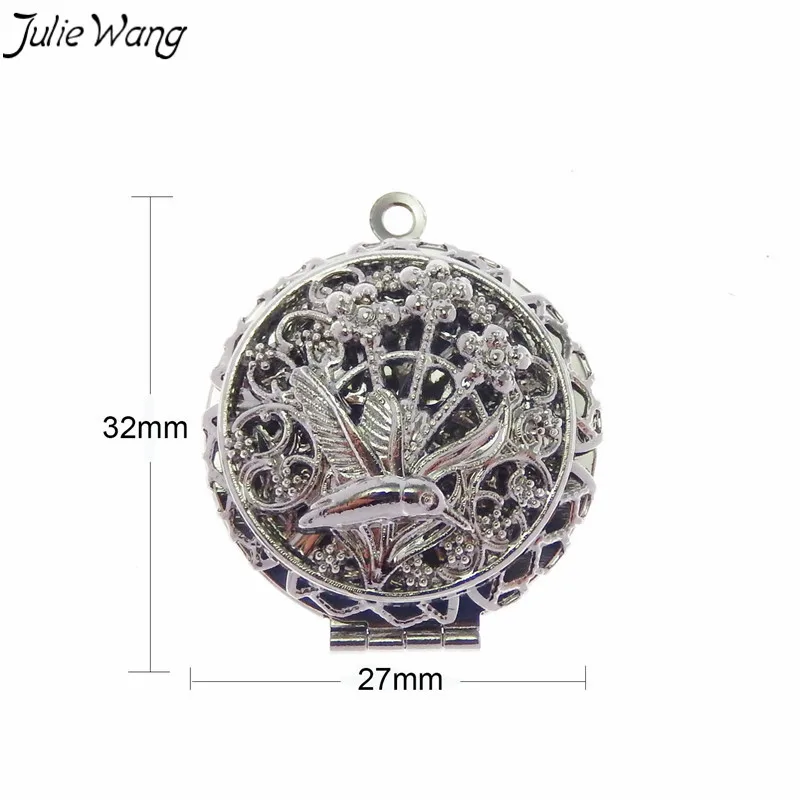 

Julie Wang 1PC Shiny Silver Cage Locket Hummingbird Flying Birdie on Flower Pattern Openable Pendant Charm DIY Scented Necklace