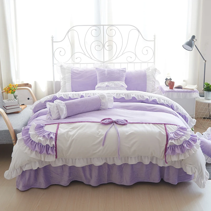 

Crystal goatswool coral fleece winter Warm velvet sweet Purple Bedding set king Princess thermal Ruffle Duvetcover Bedskirt sets