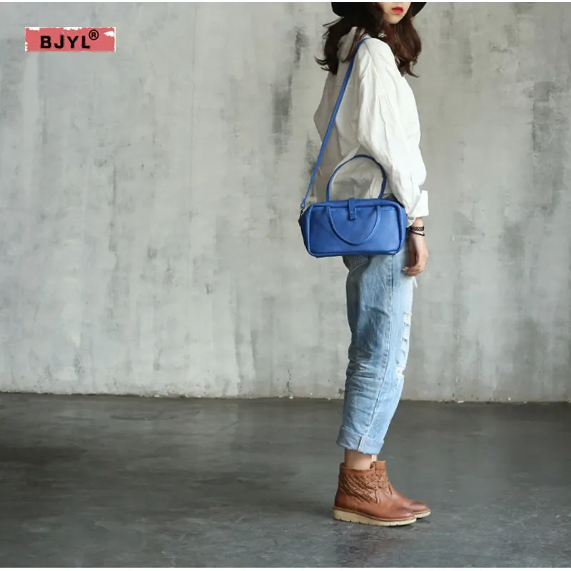 

BJYL Women handmade vintage genuine leather small square handbag Top layer leather cross section female shoulder messenger Bags