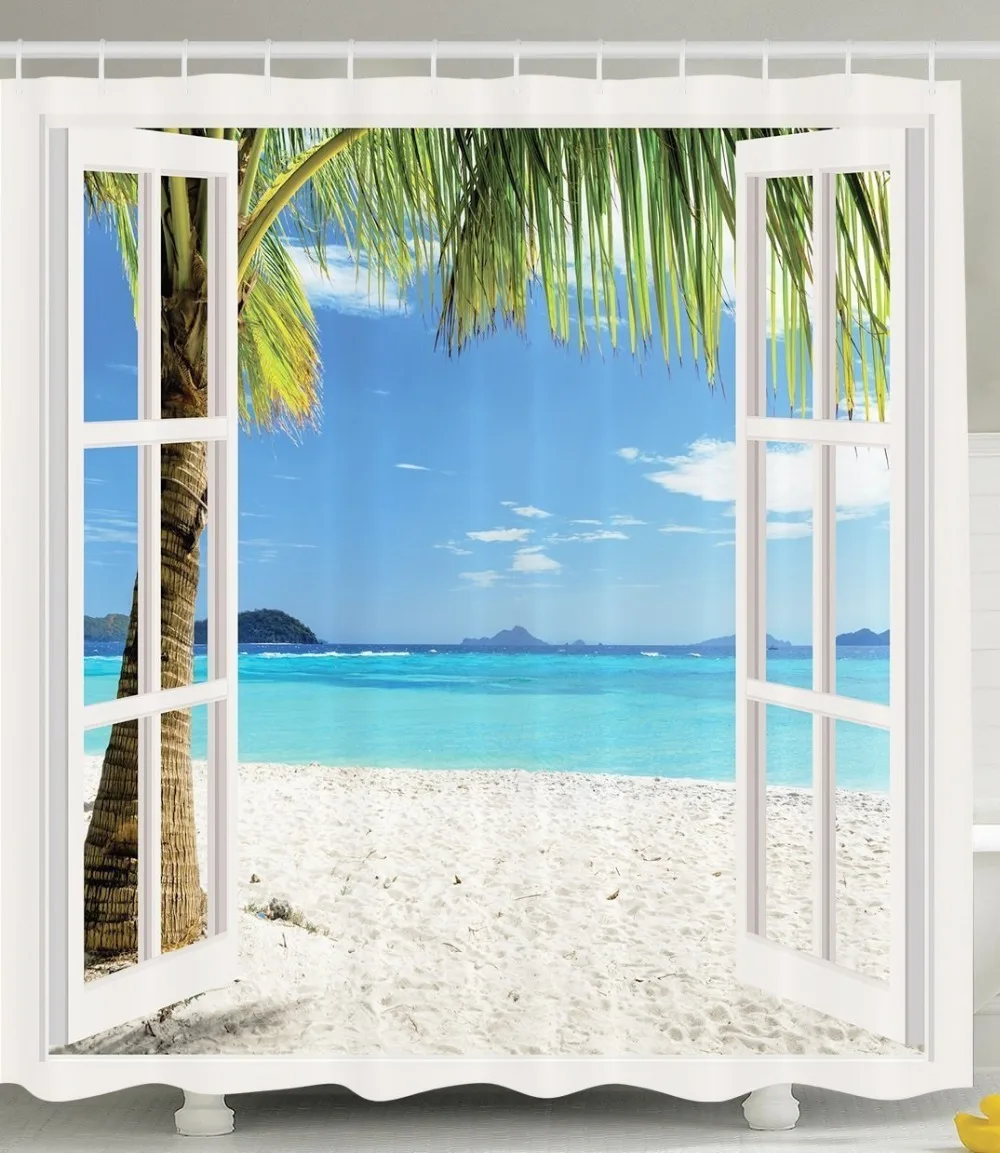 White Wooden Window Palm Beach Shower Curtain Bathroom Decorativein