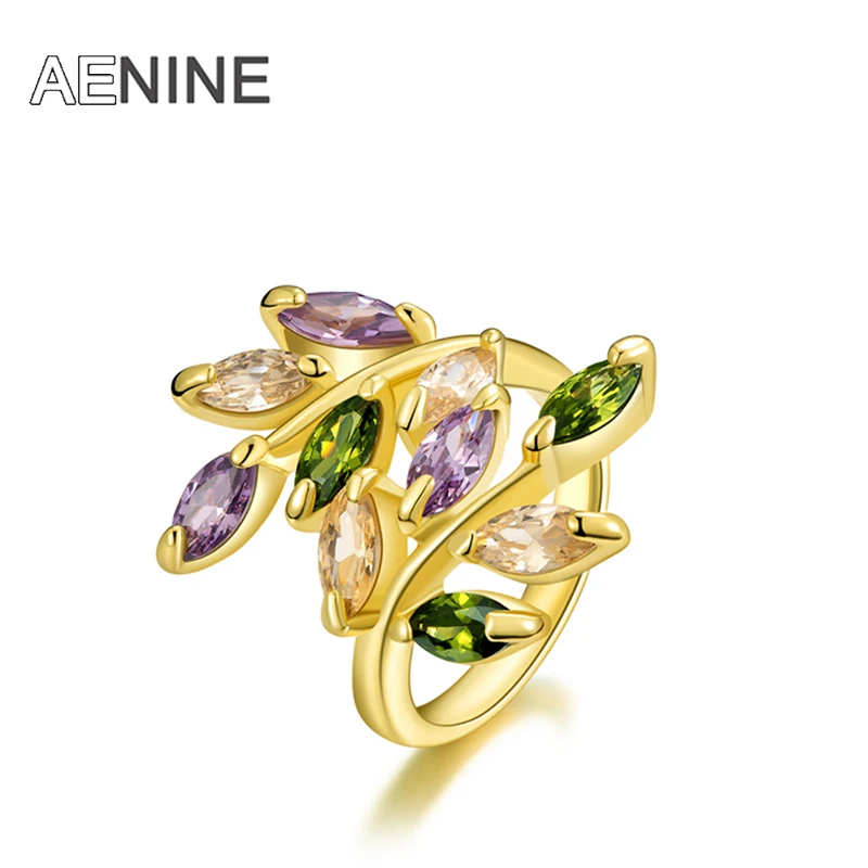 

AENINE Trendy Bohemia Gold Color Rings Double Leaves Prong Setting Three Color Prismatic Cubic Zirconia Ring Jewelry R150650327R