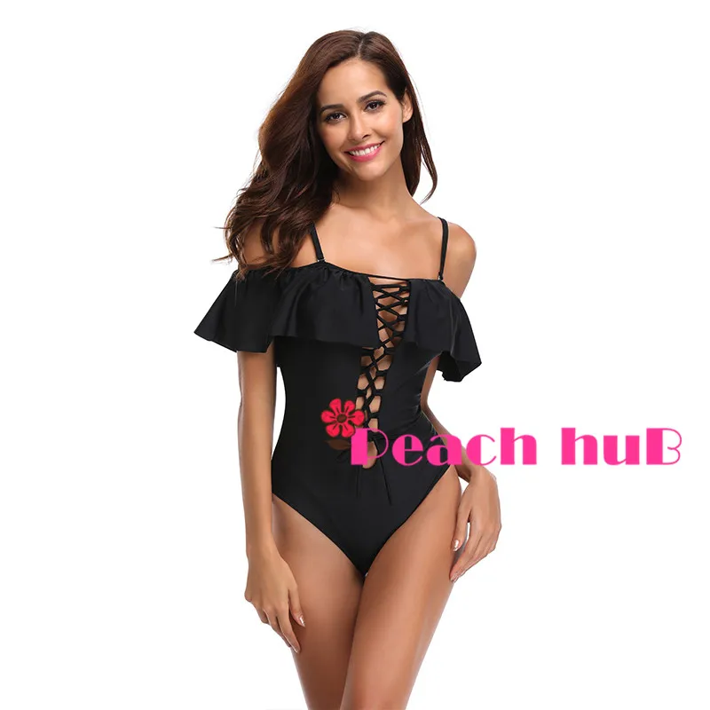 One Piece Swimwear Black Swimsuit Ruffle Sleeve Off Shouder Push Up Women Trikini Swim Suit Bandage | Спорт и развлечения