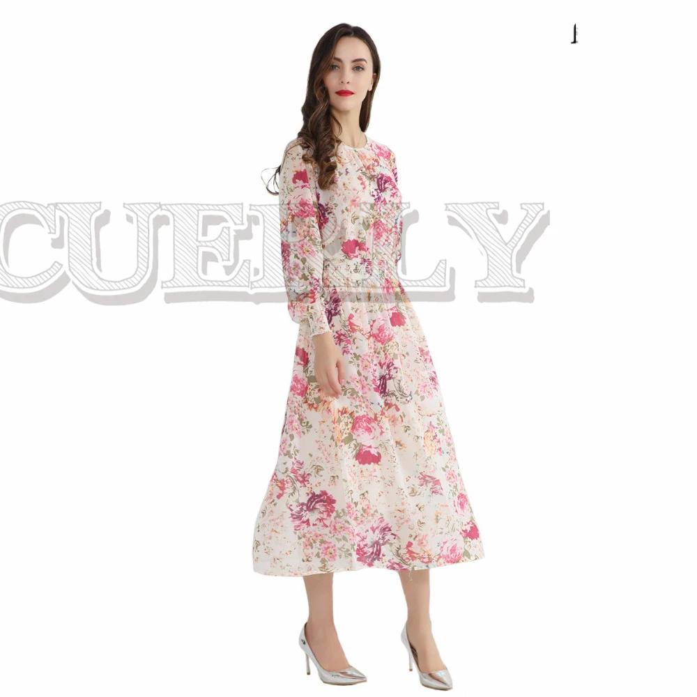 

CUERLY women sweet floral chiffon dress two pieces set elastic waist long sleeve ladies casual mid calf dresses vestidos