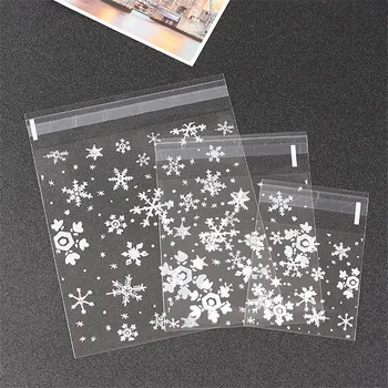 Bolsa de plástico autoadhesiva transparente con copos de nieve para dulces, bolsa de regalo para bodas, aperitivos, galletas, hornear, autoadhesiva, 100 piezas