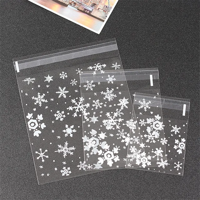 Bolsa de plástico autoadhesiva transparente con copos de nieve para dulces, bolsa de regalo para bodas, aperitivos, galletas, hornear, autoadhesiva, 100 piezas