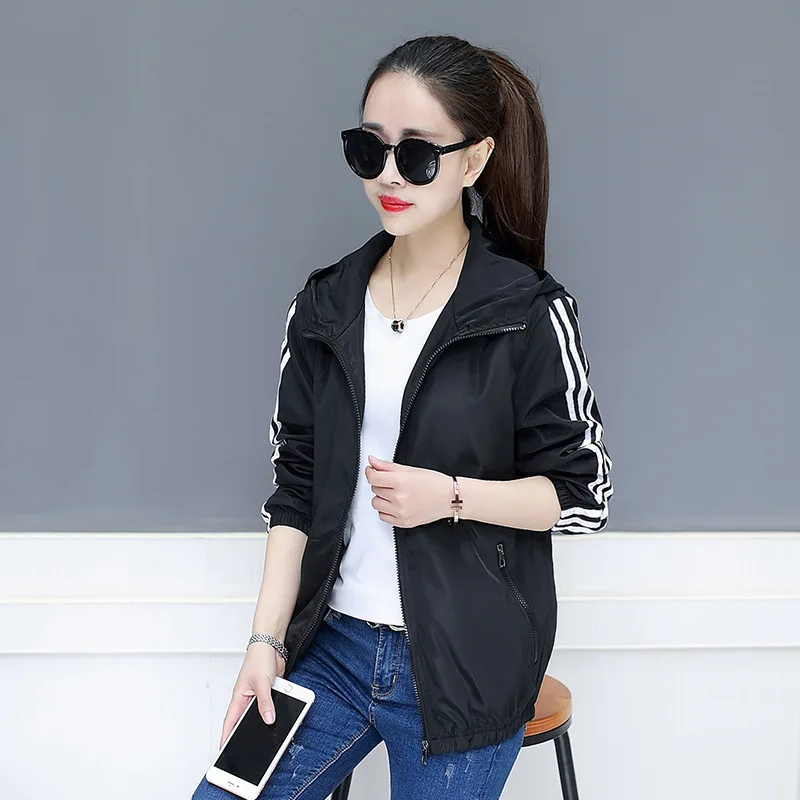 women sport short jacket sleeve stripe hooded cascul short coatin