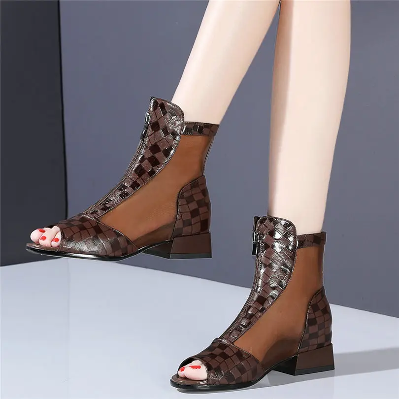 

NAYIDUYUN Women Genuine Leather Punk Gladiator Sandals Open Toe Low Heel Summer Party Pumps Shoes Breathable Mesh Casual Shoes