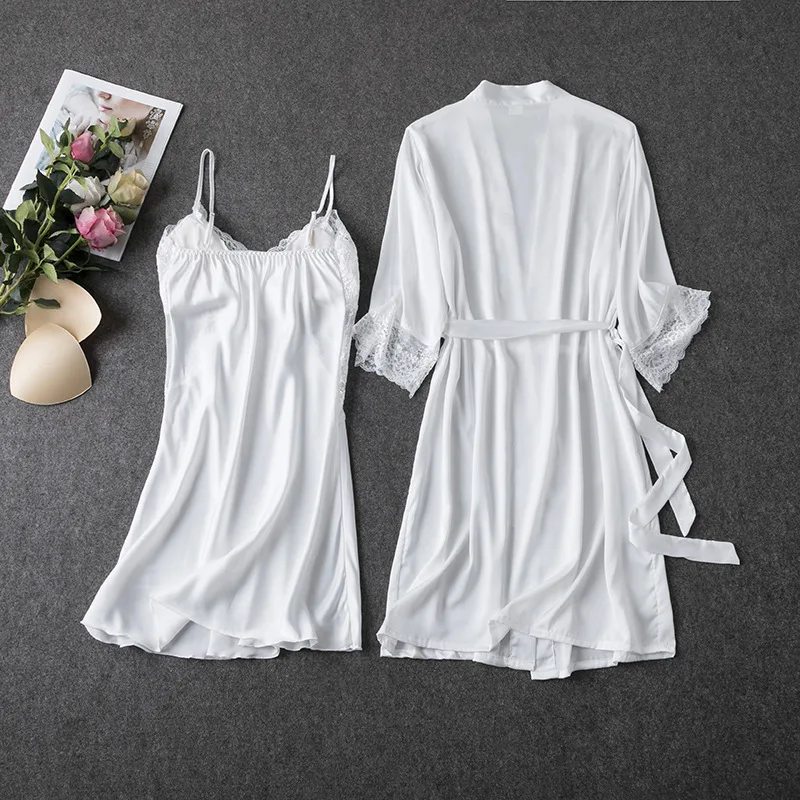 MECHCITIZ Women Robe Gown Sets 2 Piece Nightdress Bathrobe Summer Sleepwear Female Satin Kimono Silk Robes Sleepwear Lounge Suit